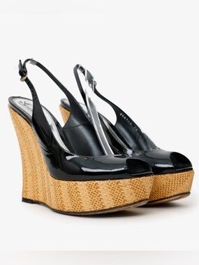 Gucci Black Patent Open Toe Wedges